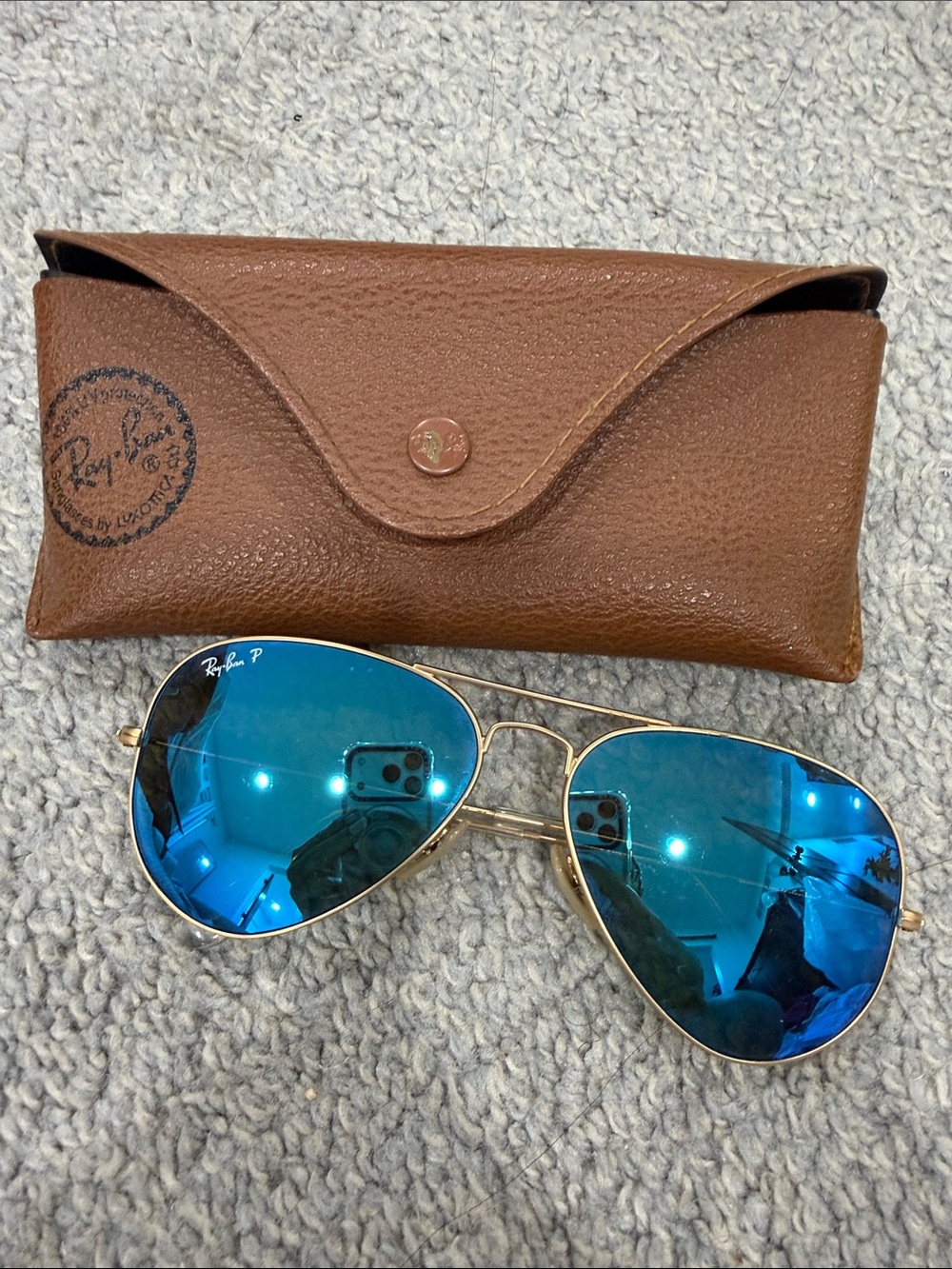 Ray-Ban Polarized Gold Frame Sunglasses with Blue Mirrored Lenses